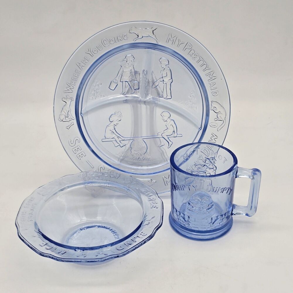 Vintage Tiara Glass Blue Glass Nursery Rhyme Set Cup Bowl Plate